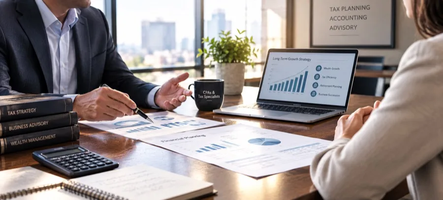 Accountant reviewing financial documents and growth charts