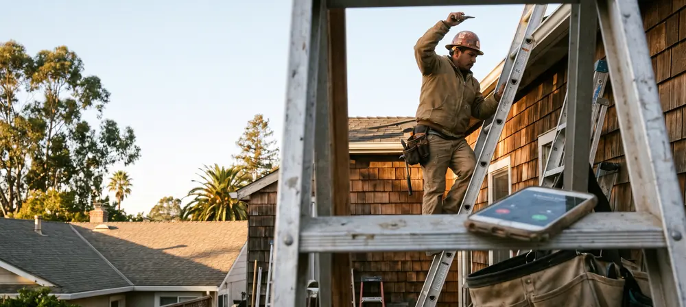 A contractor on a ladder against a shingled house while a missed call lights up a phone resting on the ladder below
